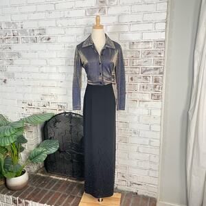 Vintage 90s J.R. Nites by Caliendo Black Beaded Side Slit Scalloped Maxi Skirt